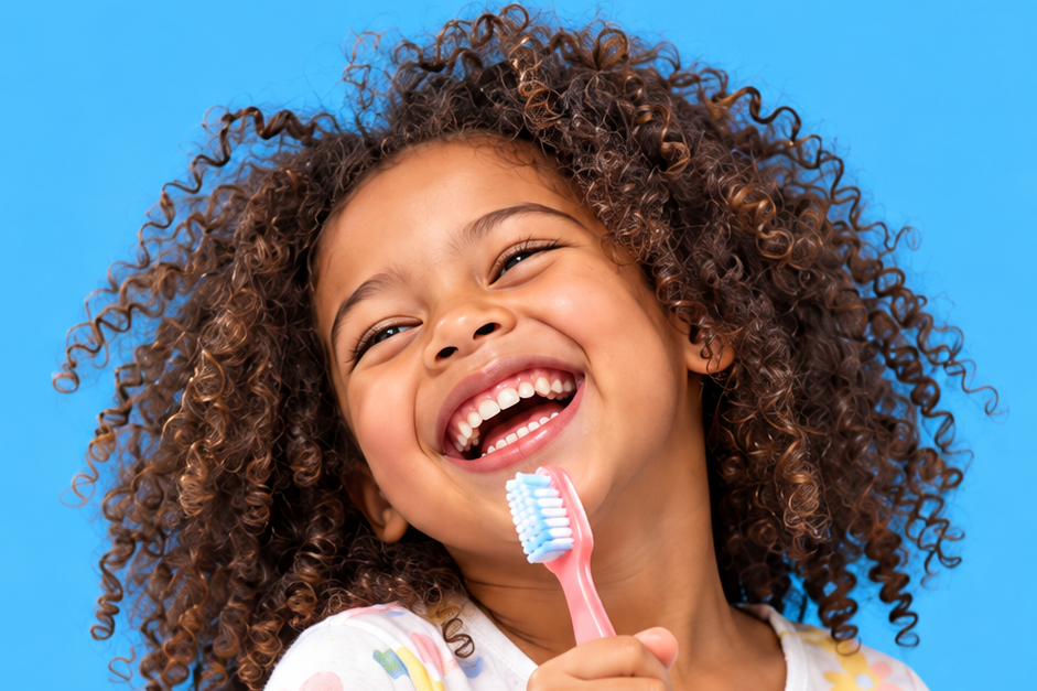 Laughing girl holding a pink toothbrush