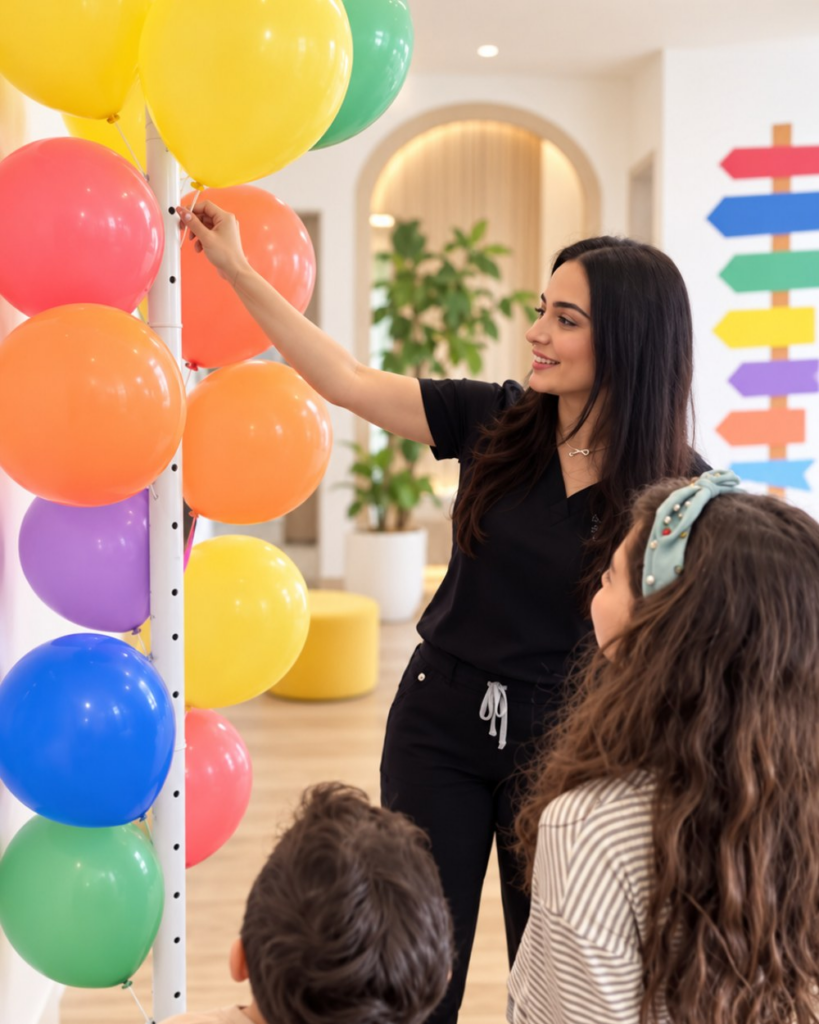 Dr. Victoria Mouradian hanging balloons with young patients at Kids Dental Avenue