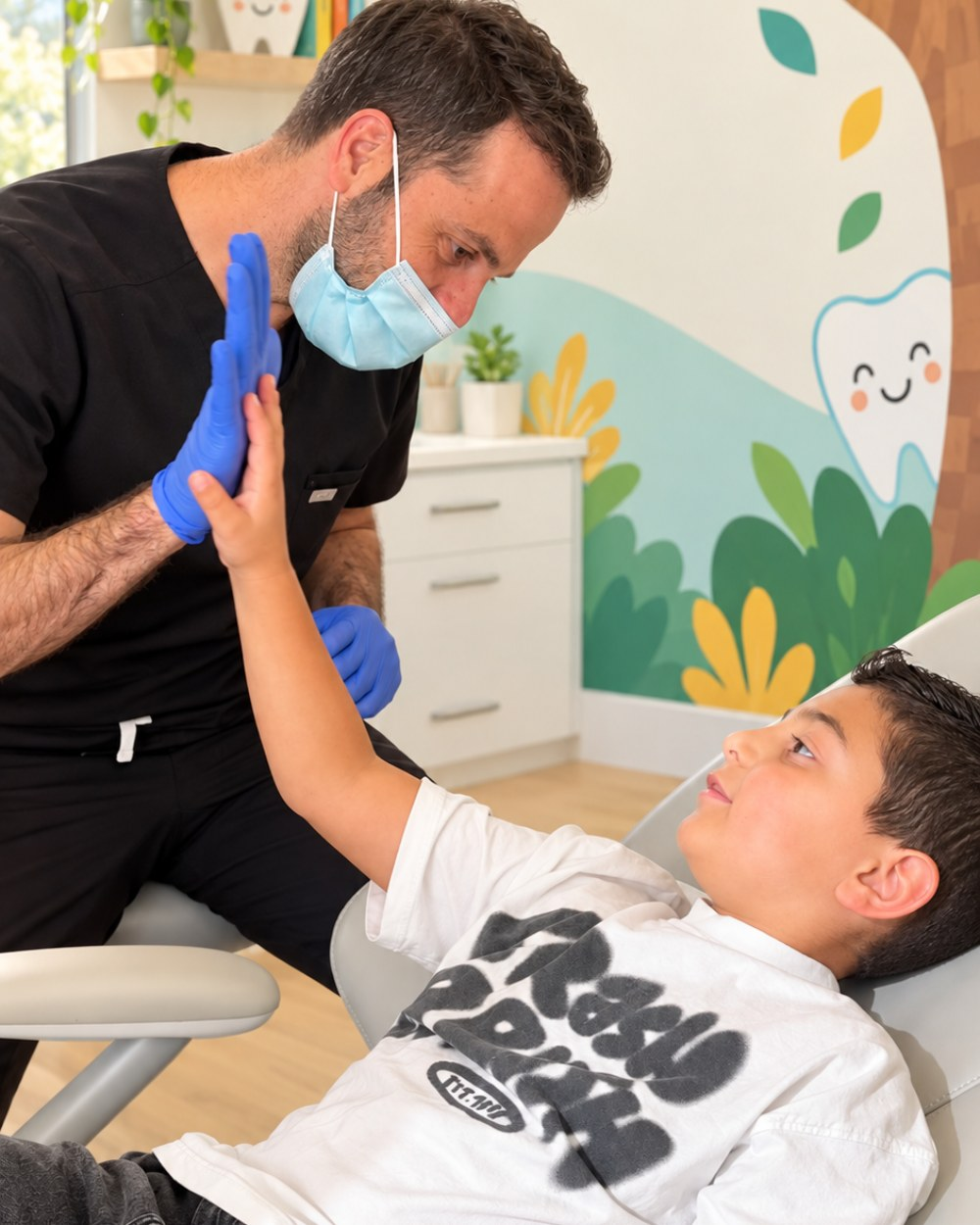 Kids Dental Avenue dentist giving a young patient a high-five in the dental chair