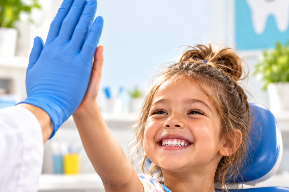 Smiling girl in a dental chair giving her dentist a high-five